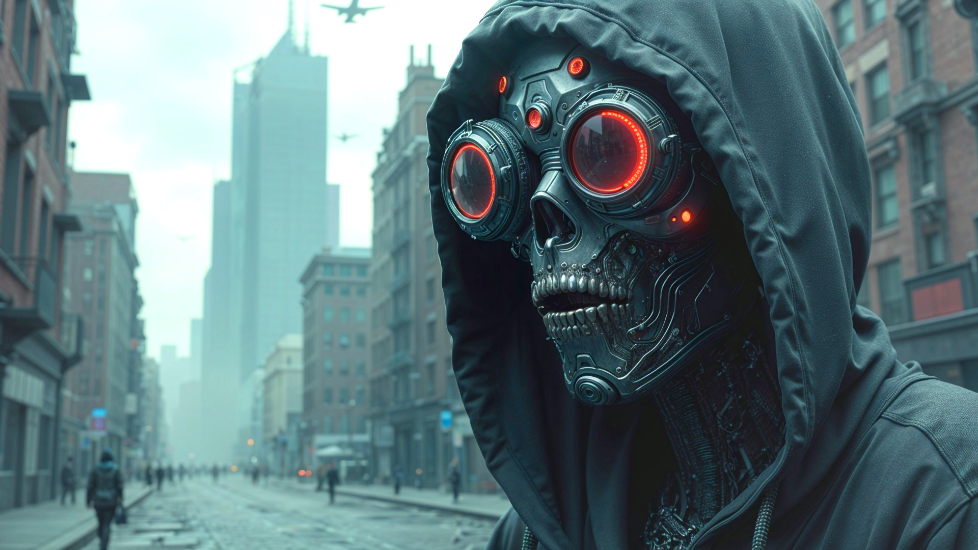 Futuristic cityscape with humanoid figure in mist