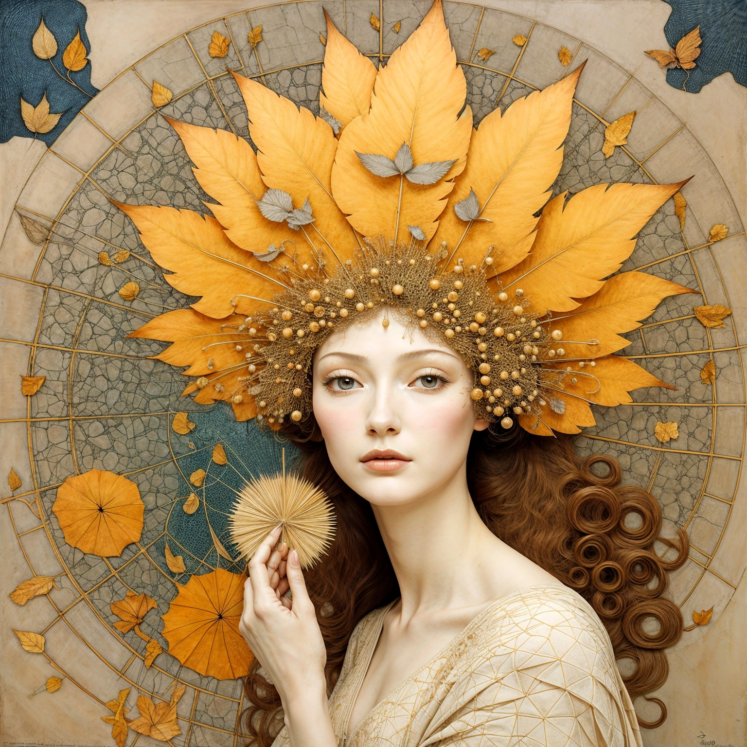 Serene Woman with Yellow Leaf Headdress and Patterns