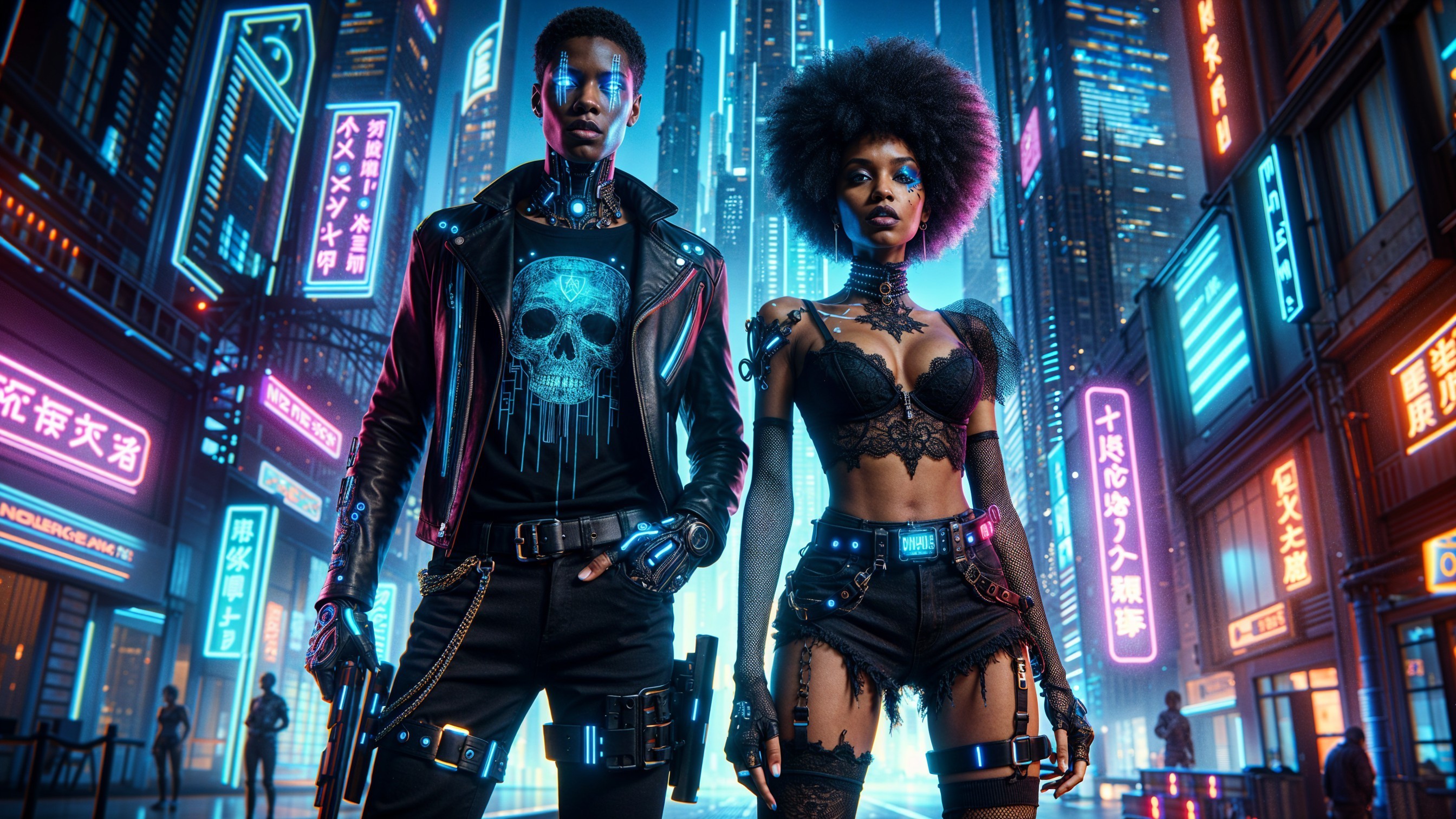 Cyberpunk Characters in Neon City Setting