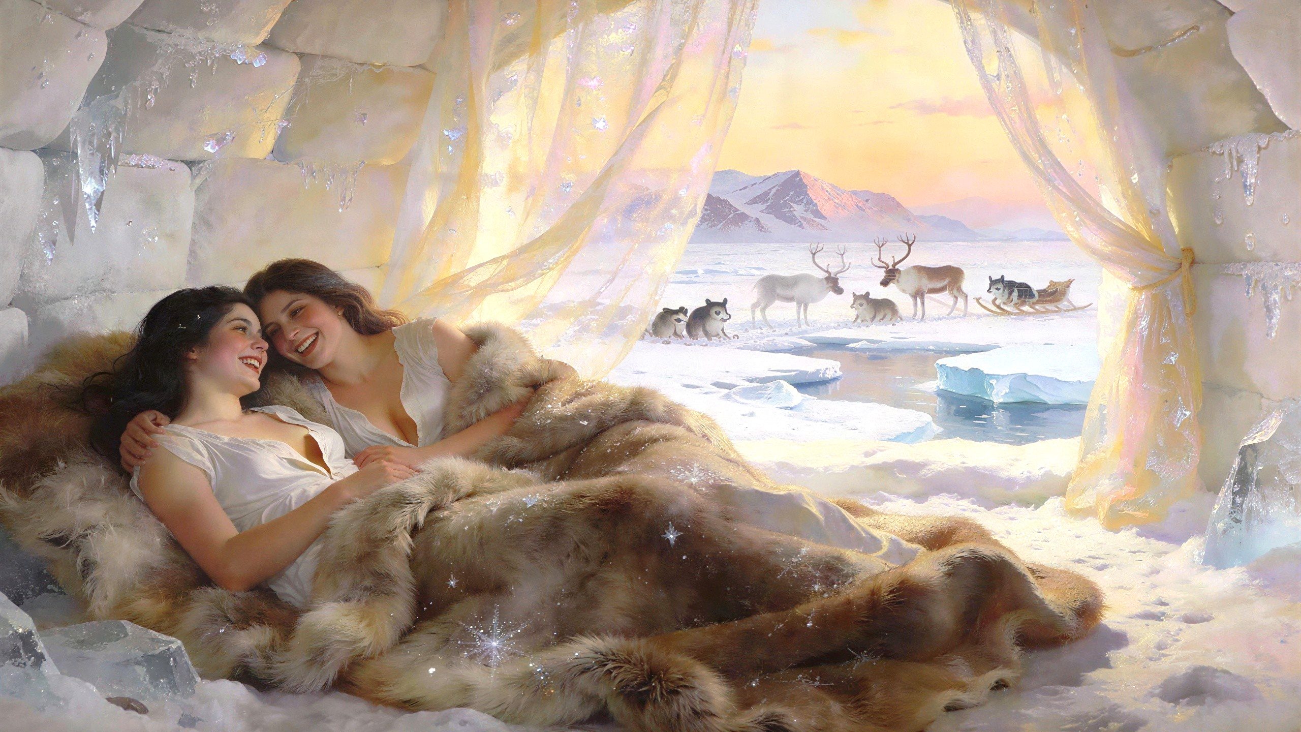 Young women in white dresses inside a decorated igloo