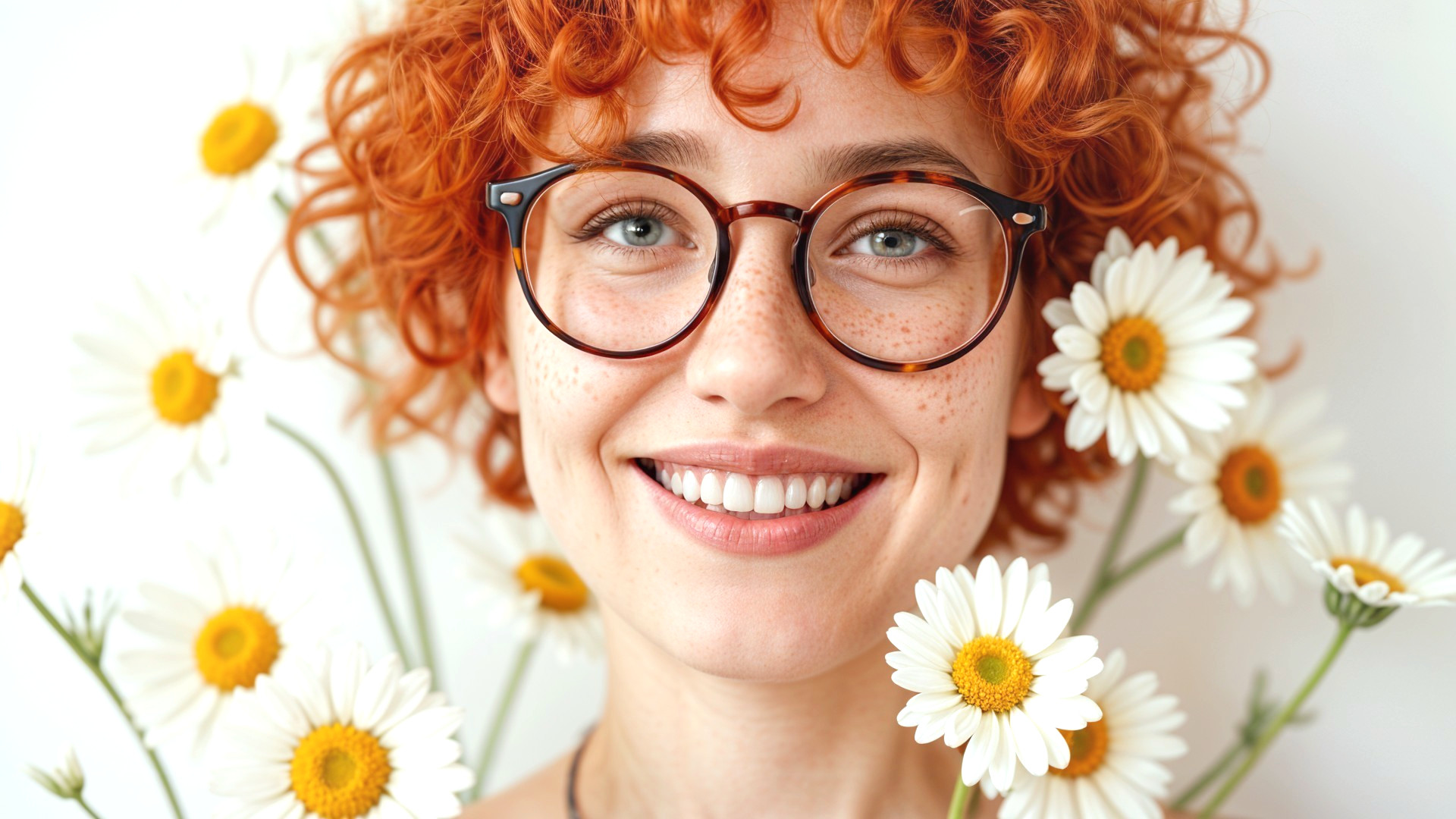 Young woman with orange hair and daisies in soft light