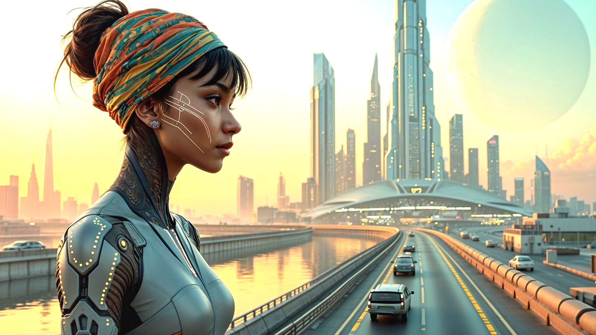 Futuristic Cityscape at Dawn with Cybernetic Features