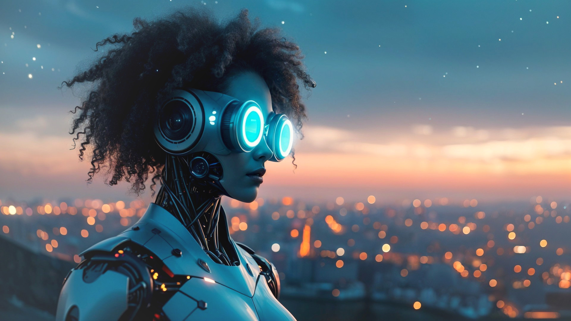Futuristic Humanoid Robot Against Urban Skyline at Dusk