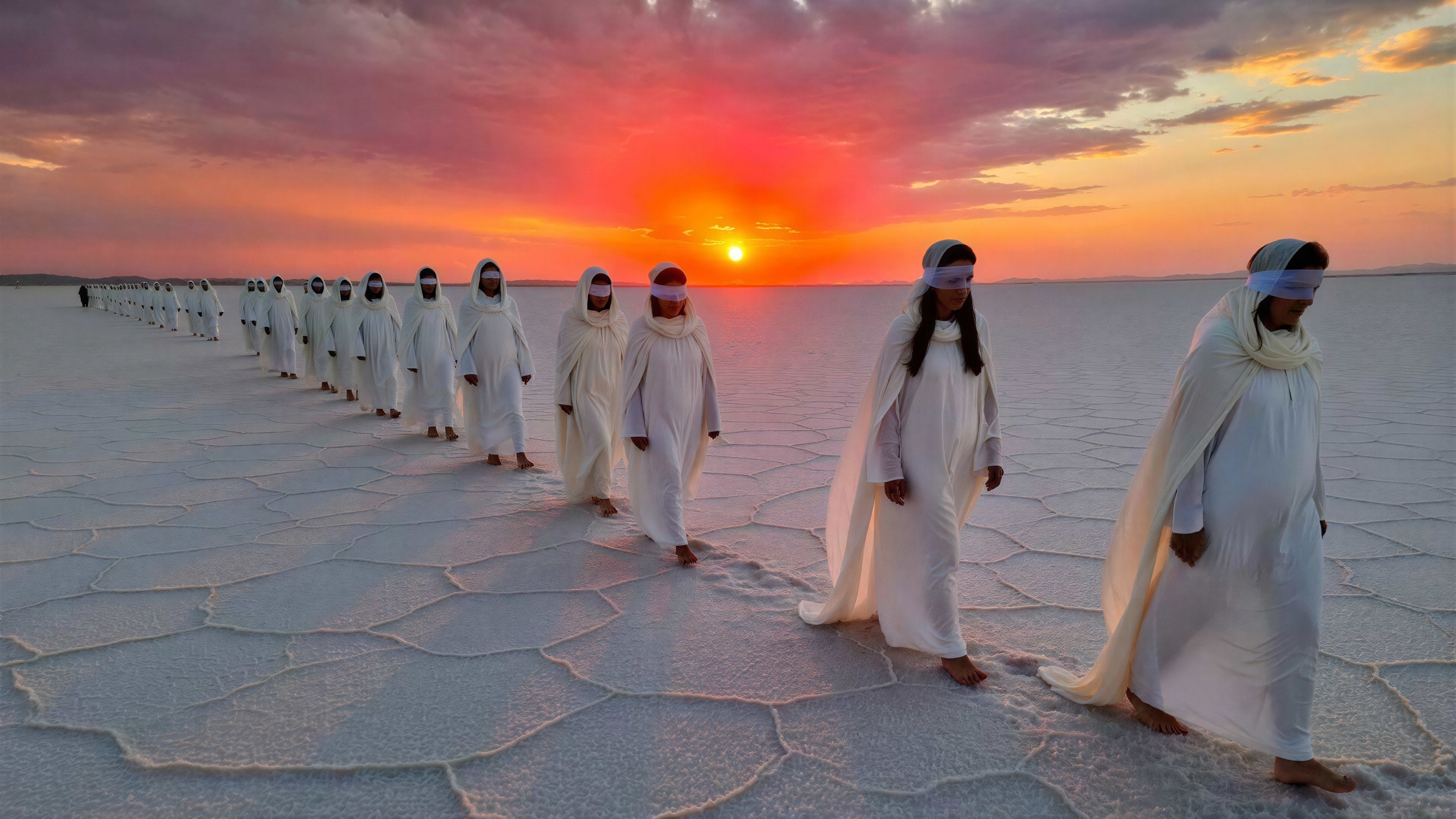 Blindfolded Group in White Robes on Salt Flats at Sunset