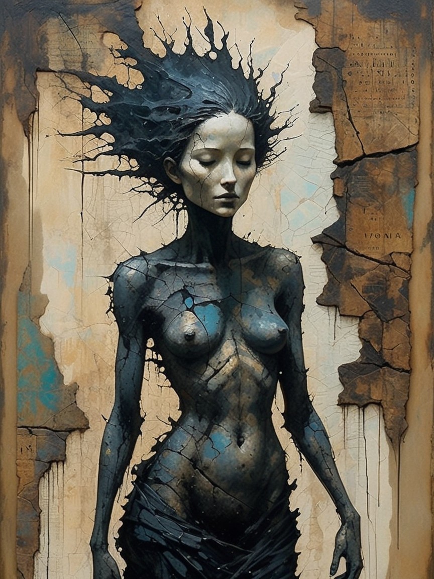 Surreal Figure with Ethereal Aura Against Textured Background