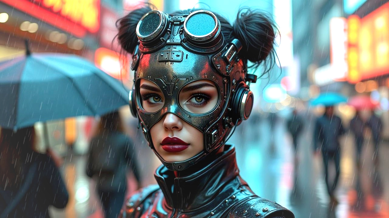 Futuristic Character in Rainy Urban Setting with Neon Lights