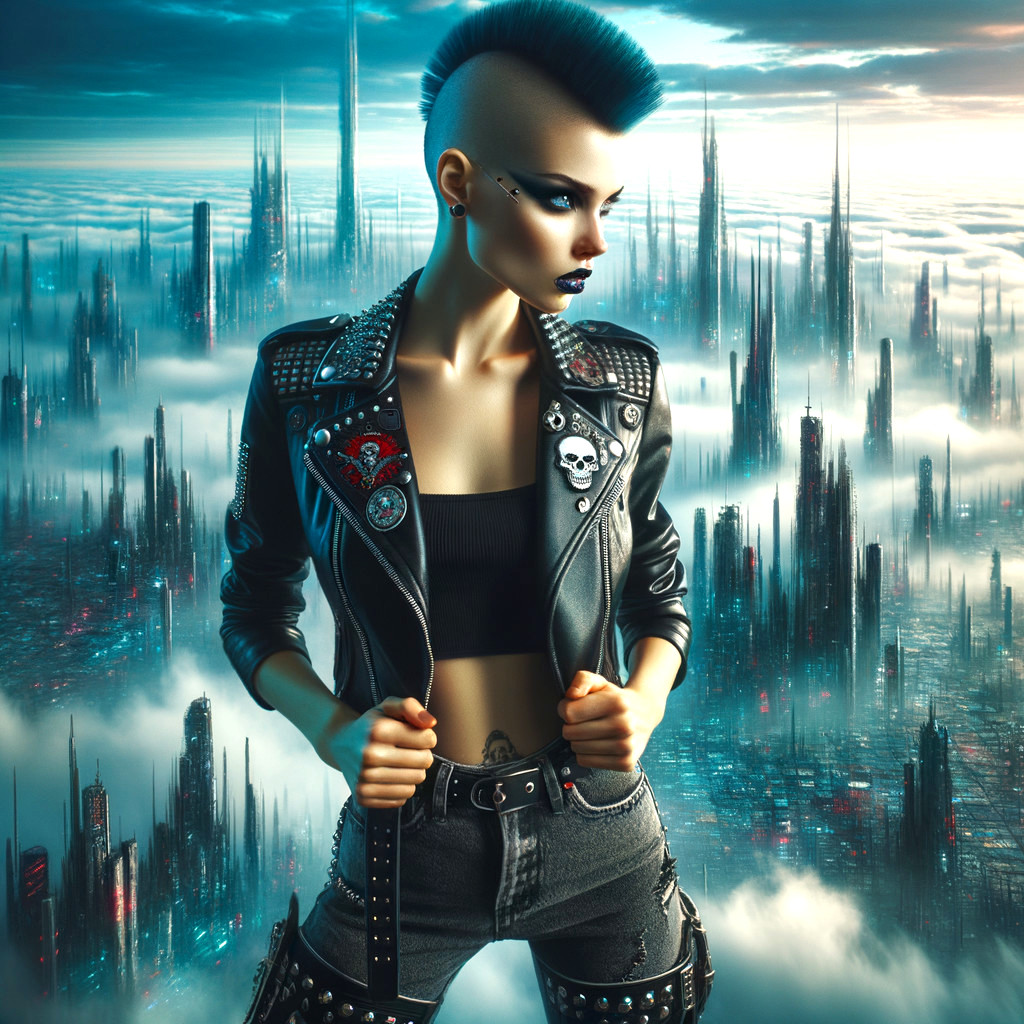 Futuristic Skyline with Punk-Inspired Figure in Mist