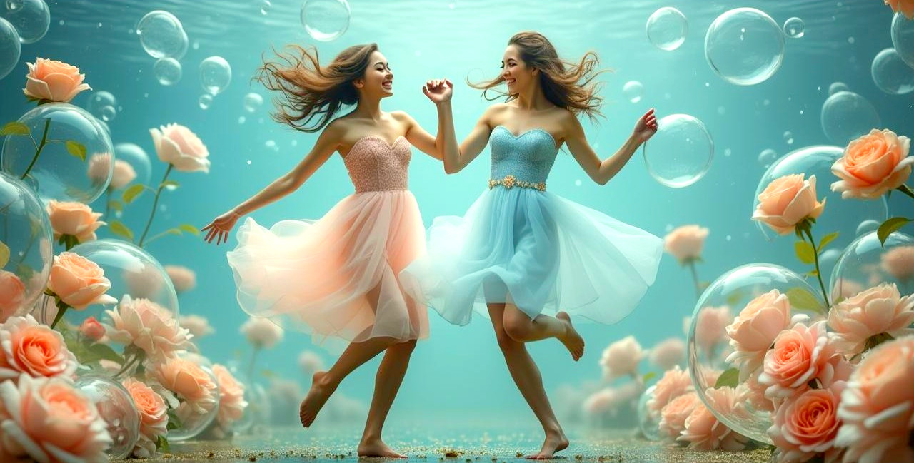 Underwater Dance of Two Women with Roses and Bubbles