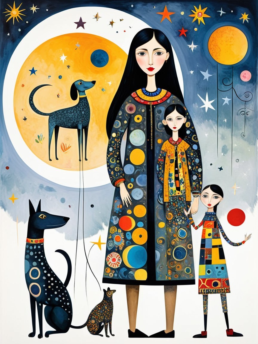 Whimsical Illustration of Woman with Children and Animals