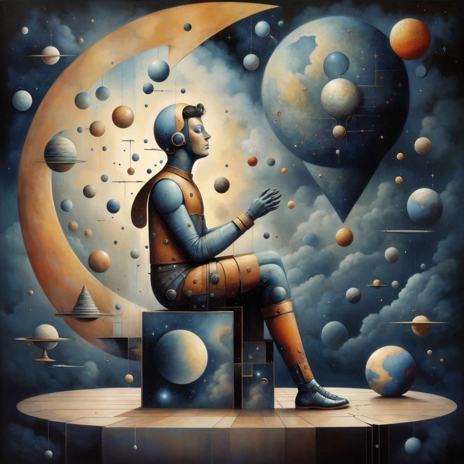 Contemplative Robot in Surreal Cosmic Landscape