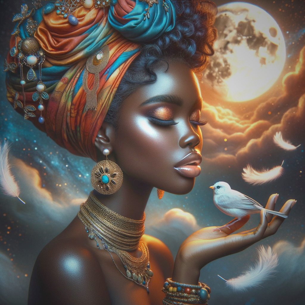 Woman with textured curls and vibrant headwrap holding bird