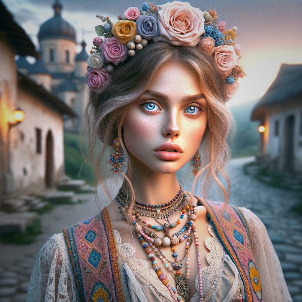 Young Woman in Traditional Attire in Charming Village