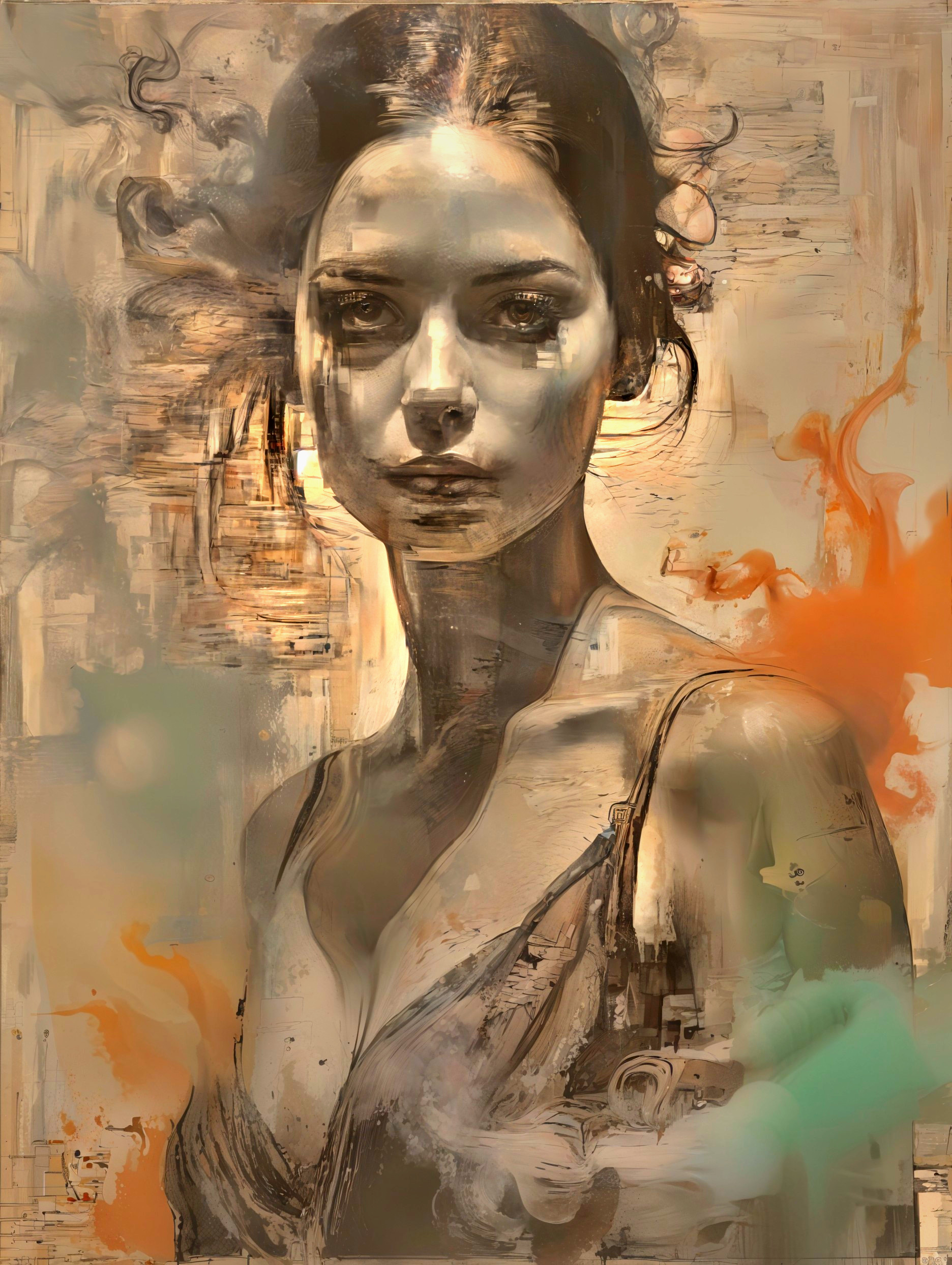 Portrait of a Woman with Realistic and Abstract Elements