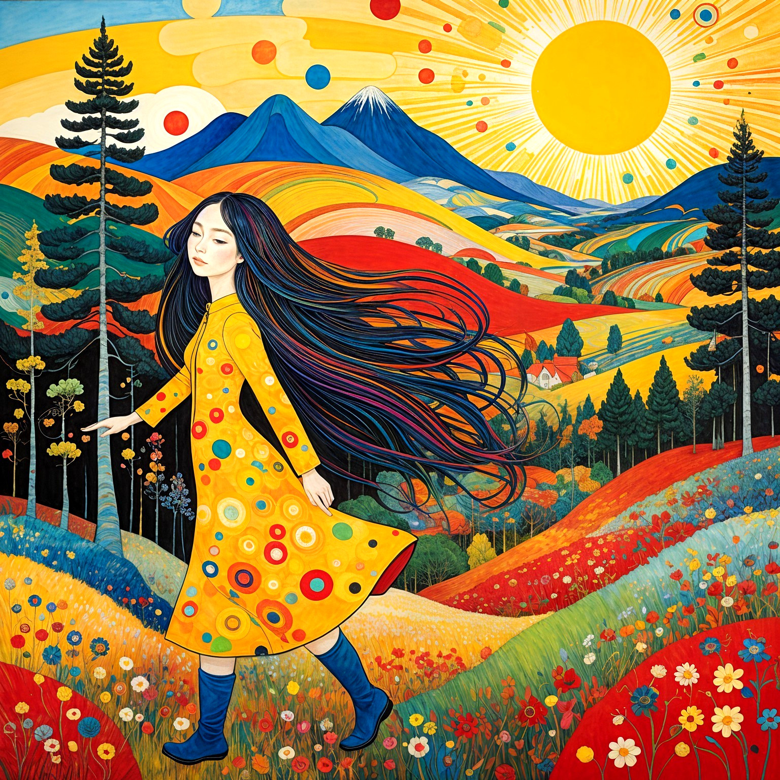 Vibrant Landscape with Colorful Hills and Flowers