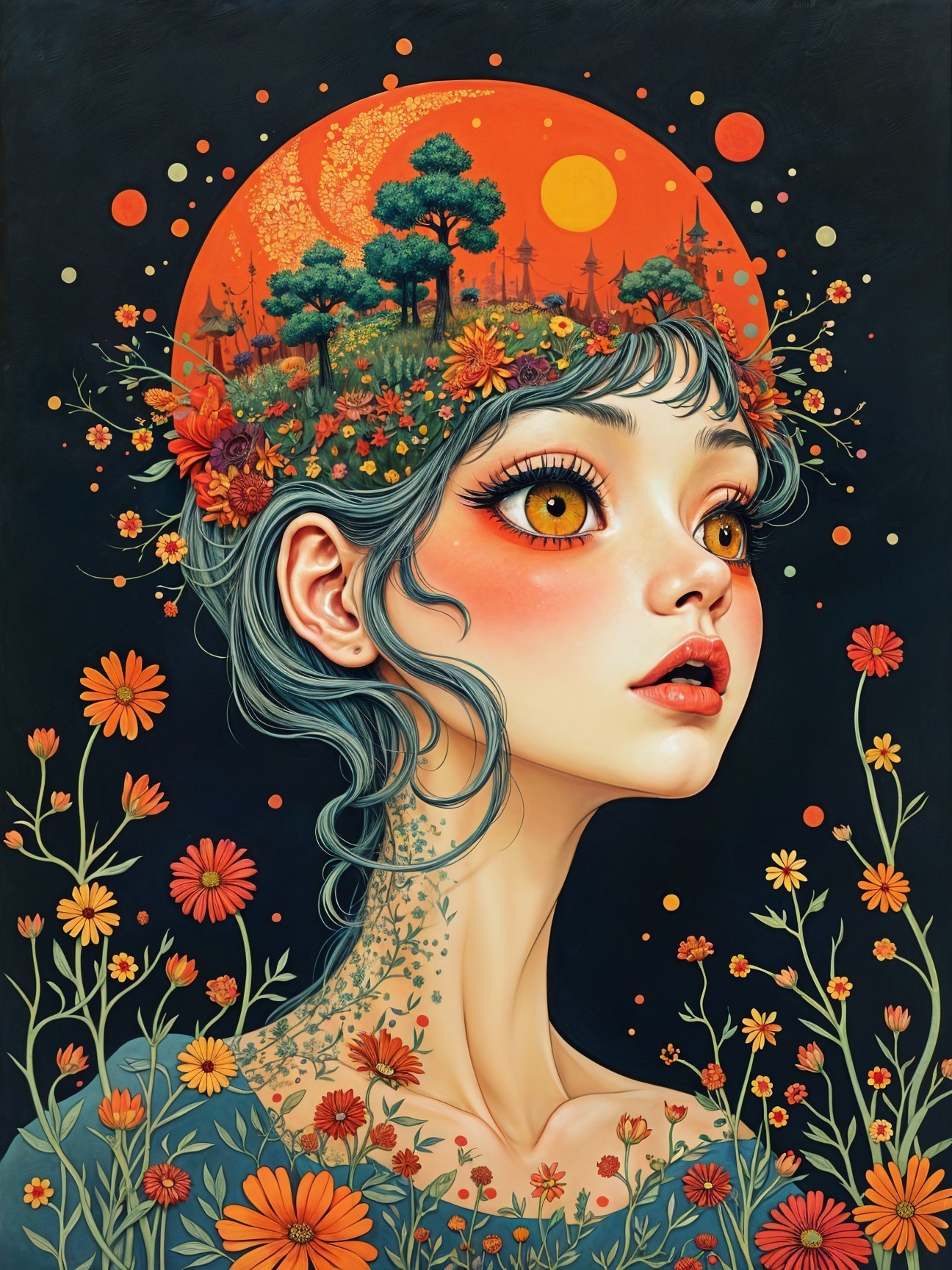 Portrait of a Young Woman with Floral Hair and Landscape