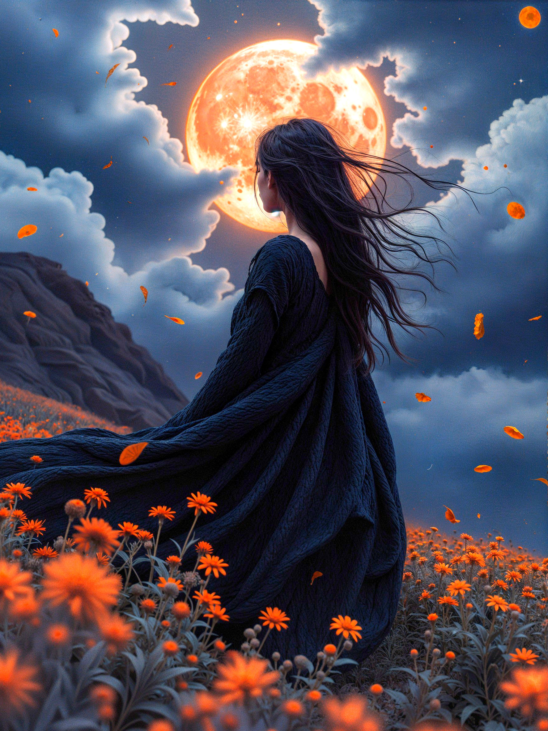 Woman in Black Dress Amidst Orange Flowers and Moonlight