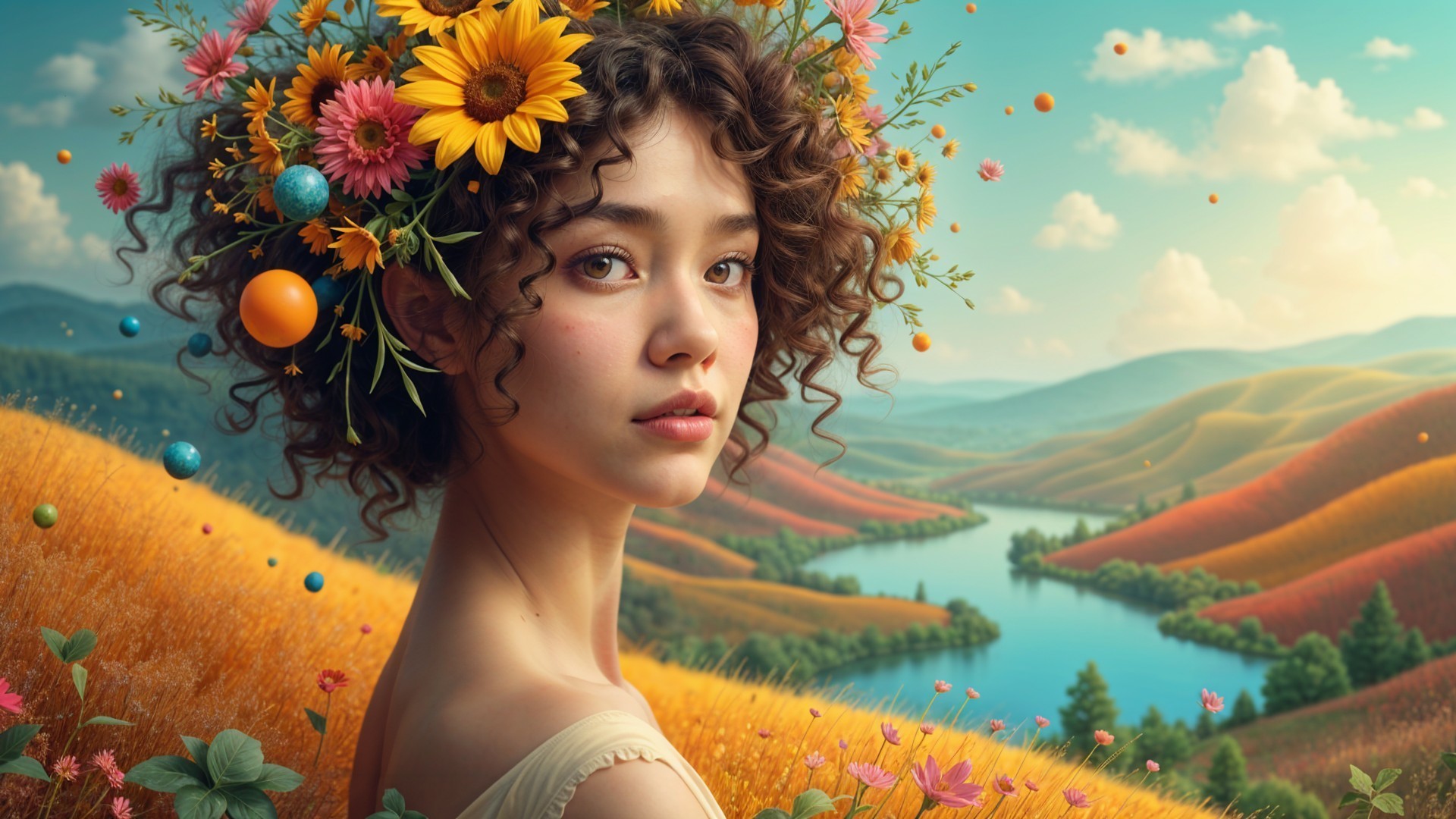 Young Woman with Flowers in Serene Landscape