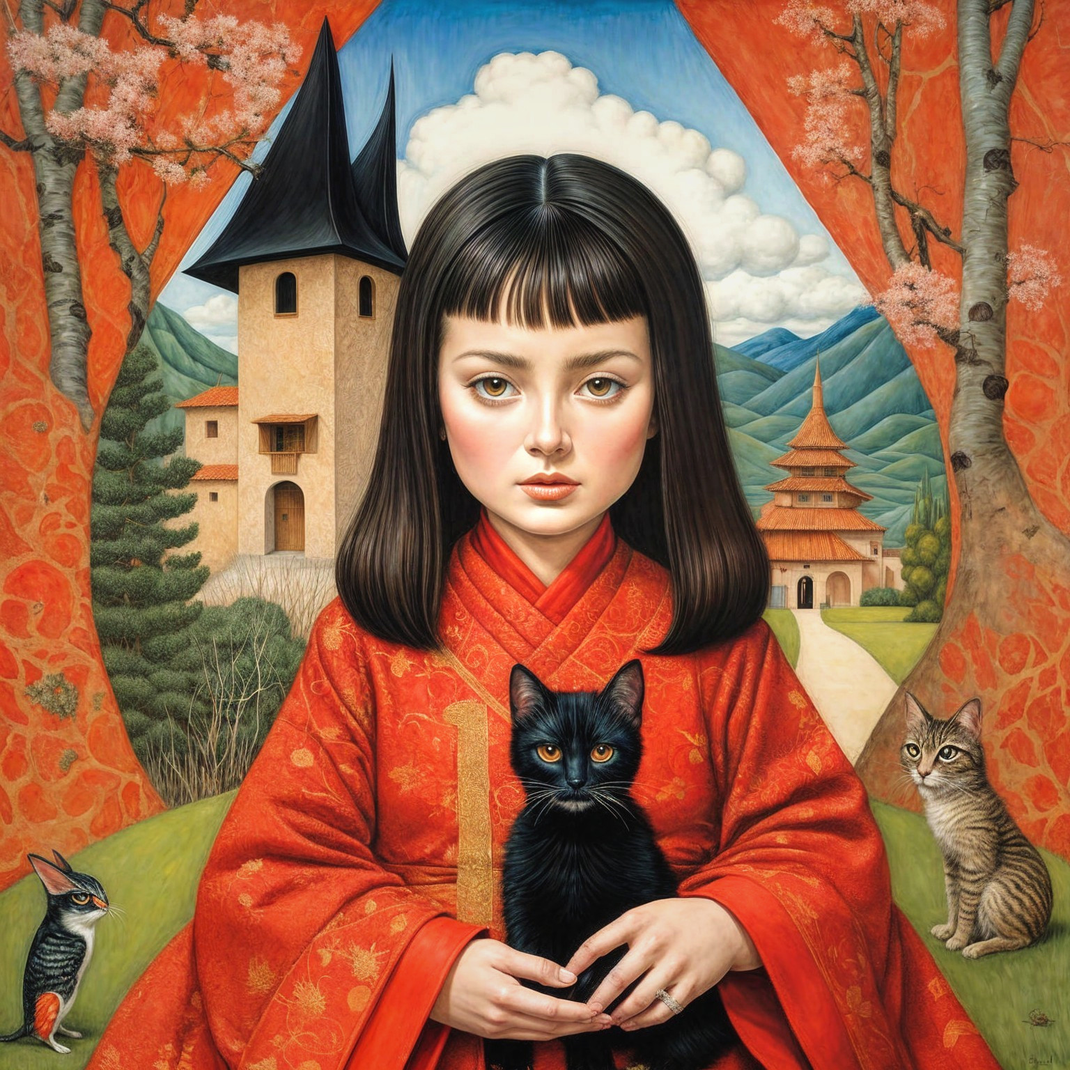 Young girl in orange kimono with cats and cherry blossoms