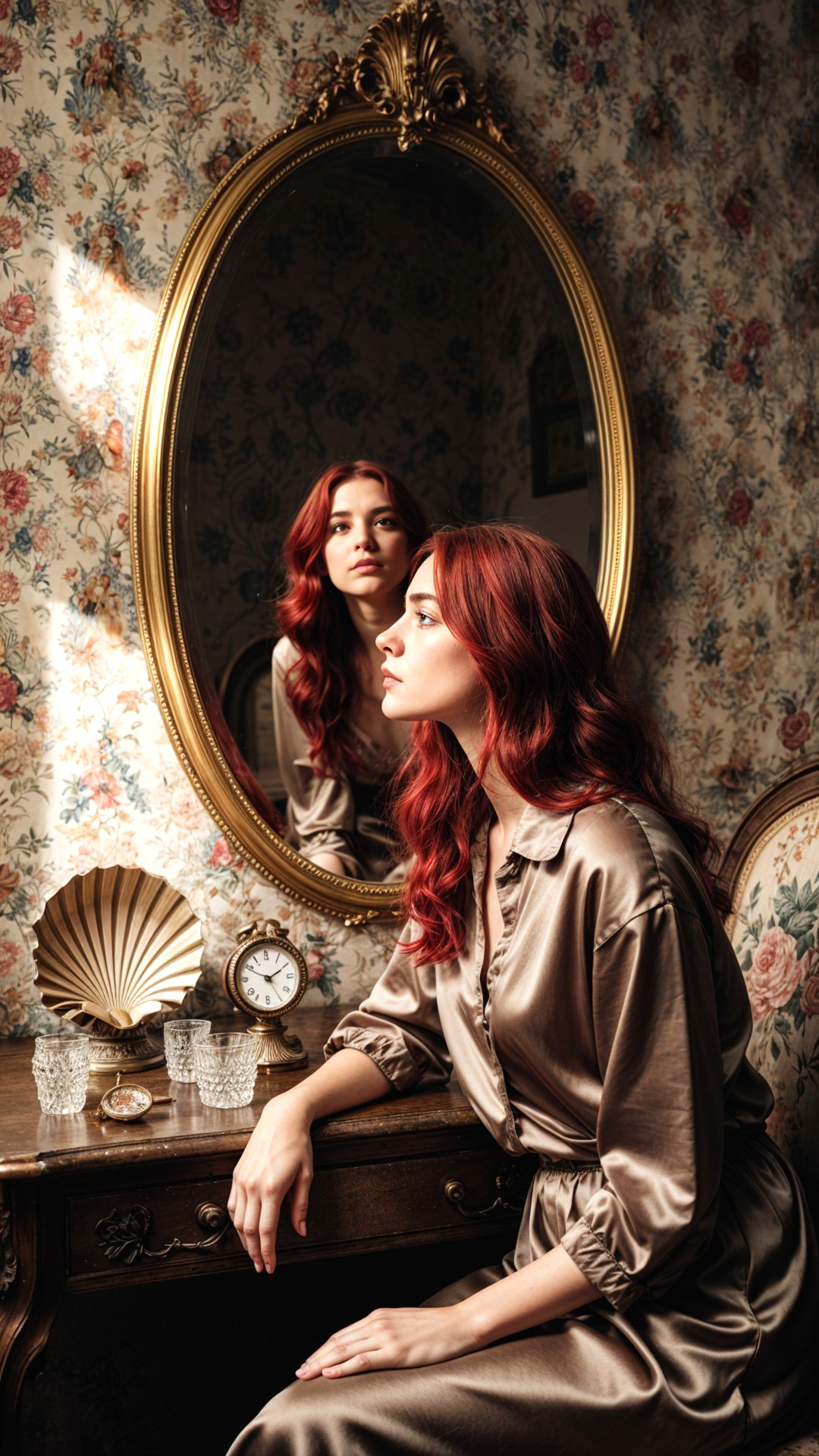 Young woman with red hair in a serene room setting