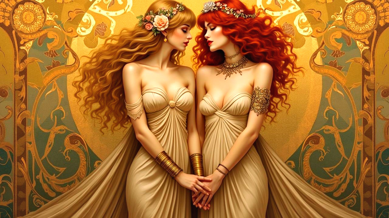 Elegant Women in Flowing Dresses with Floral Accents