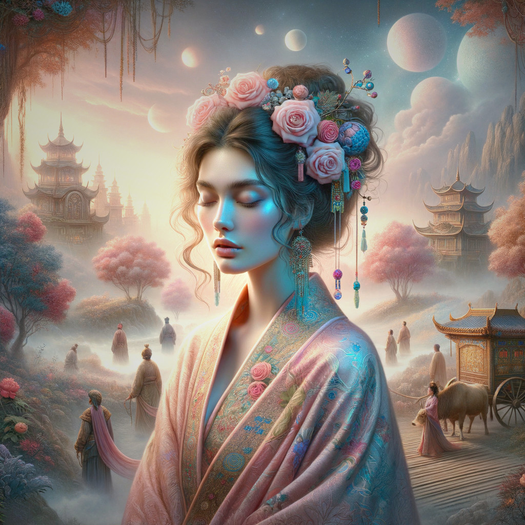 Serene woman in kimono amidst dreamlike landscape