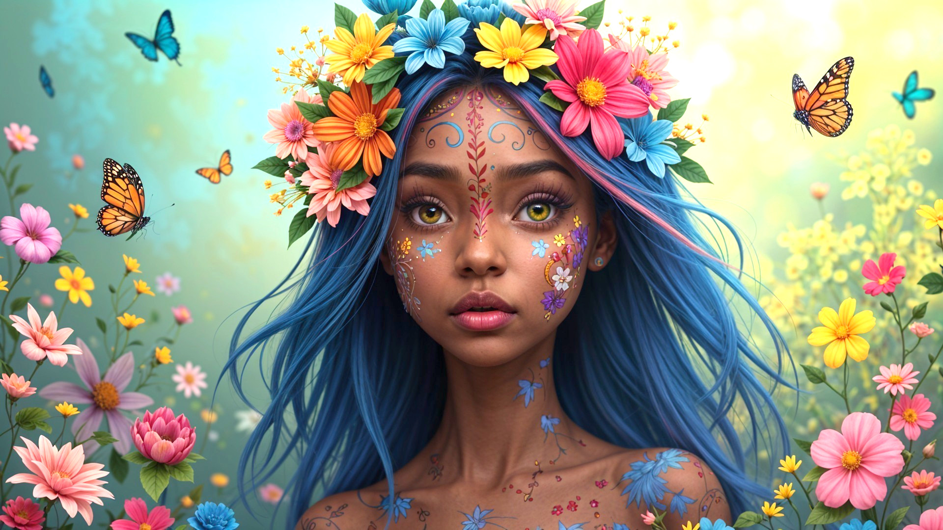 Young woman with blue hair in a floral garden scene