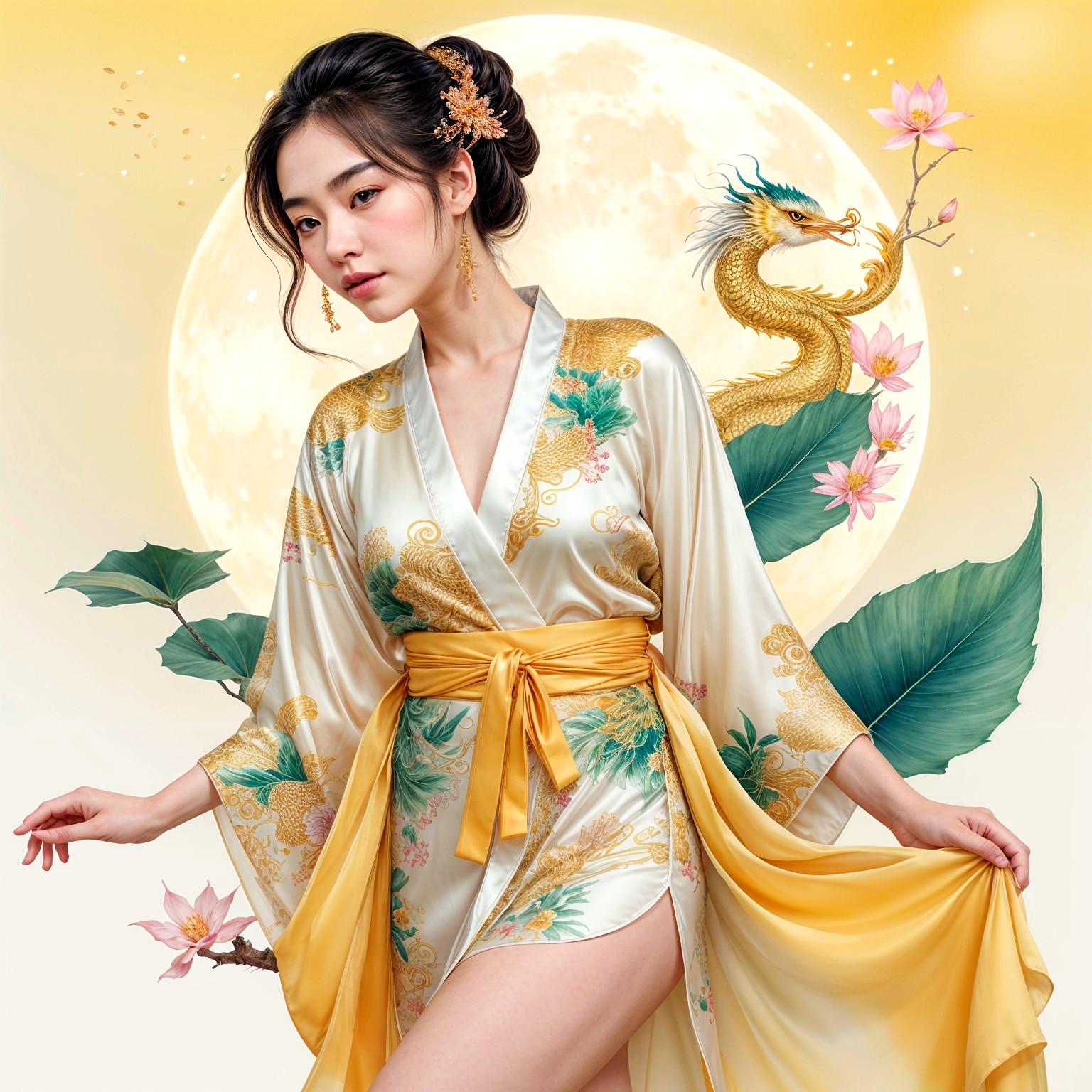 Elegant figure in white kimono with moonlit backdrop