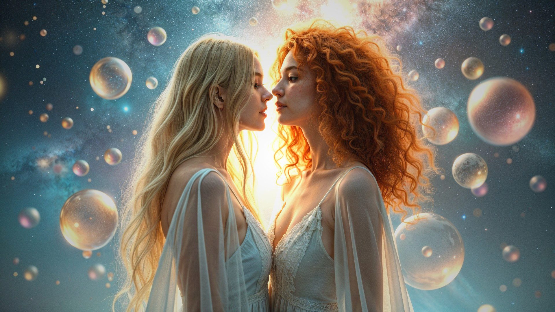 Ethereal Women in Cosmic Setting with Vibrant Colors