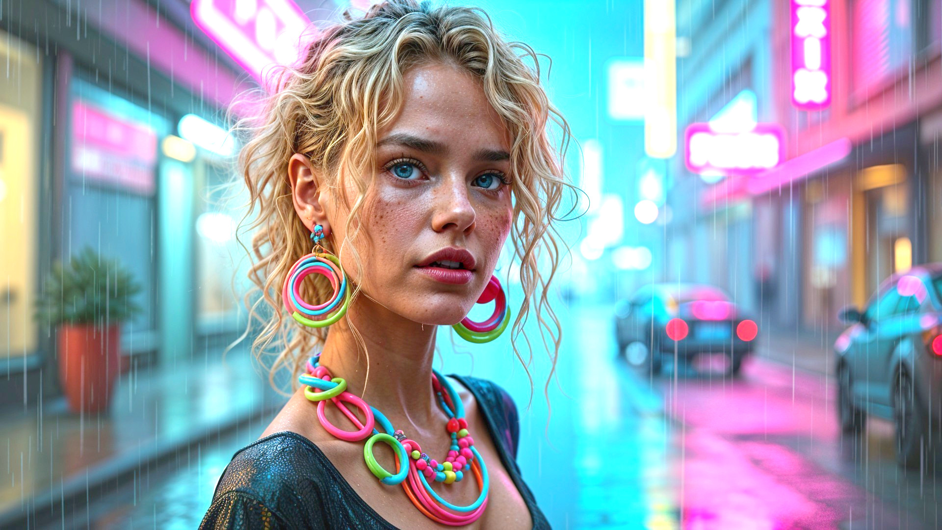 Young Woman in Urban Scene with Neon Lights and Jewelry