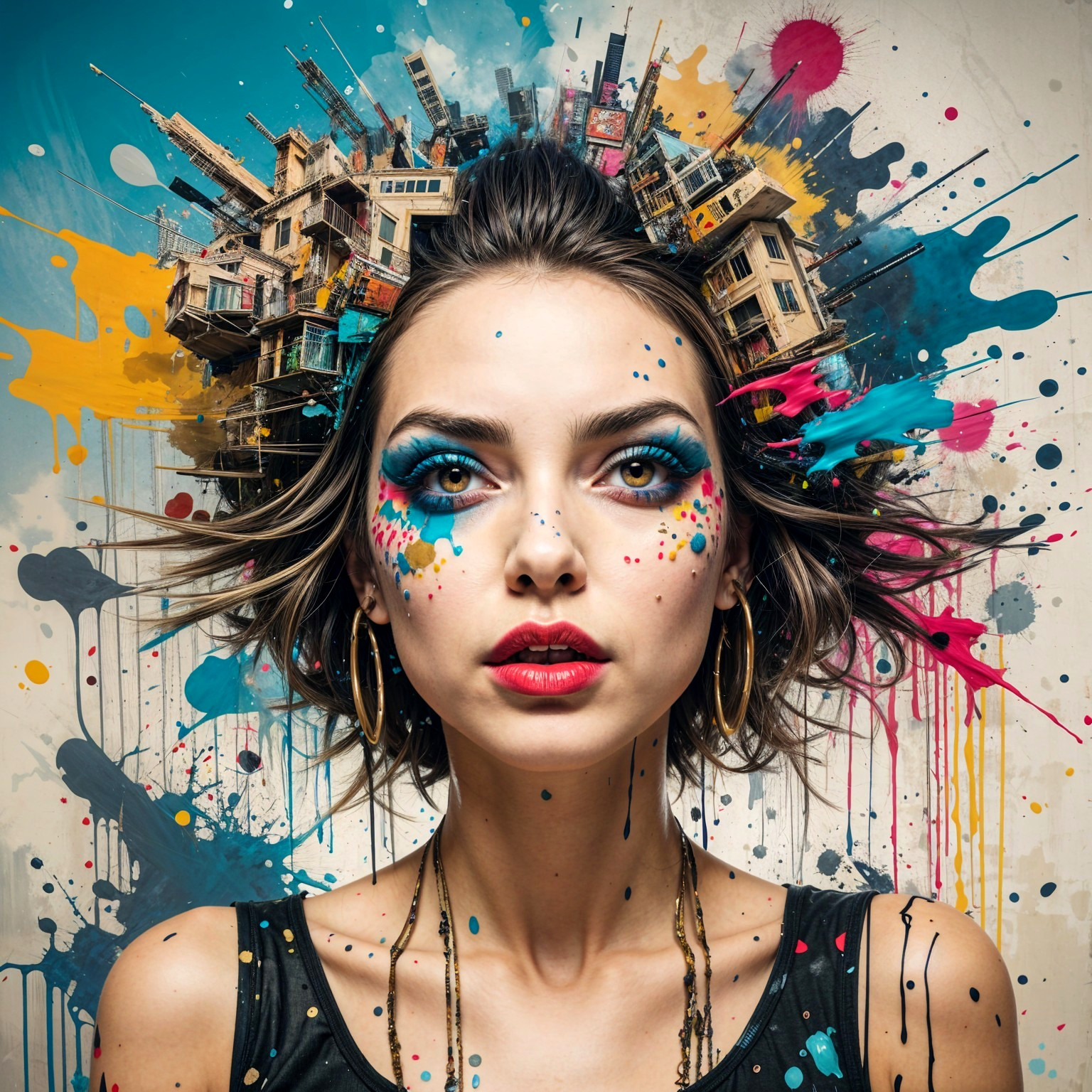 Portrait of a Woman with Surreal Cityscape Hair