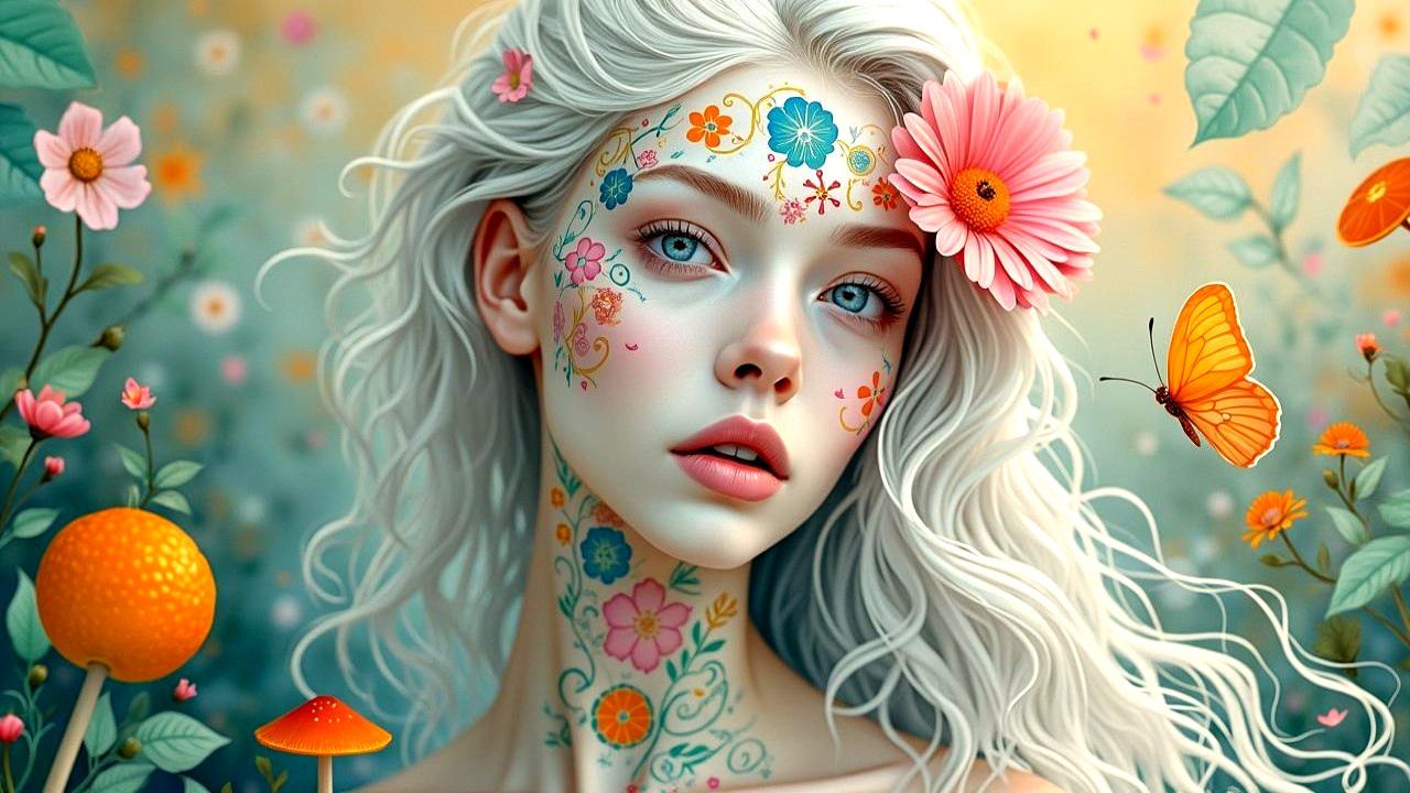 Serene Woman with Floral Tattoos and Butterflies