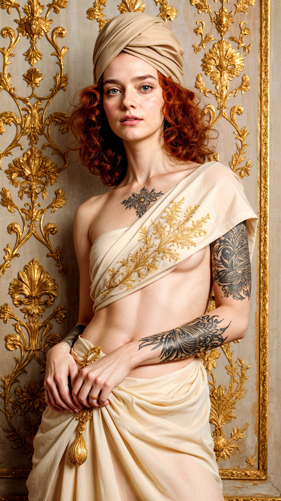Portrait of a woman in flowing fabric with tattoos