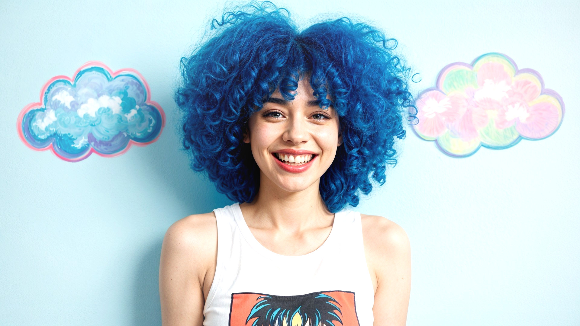 Young woman with blue hair and cheerful illustrations