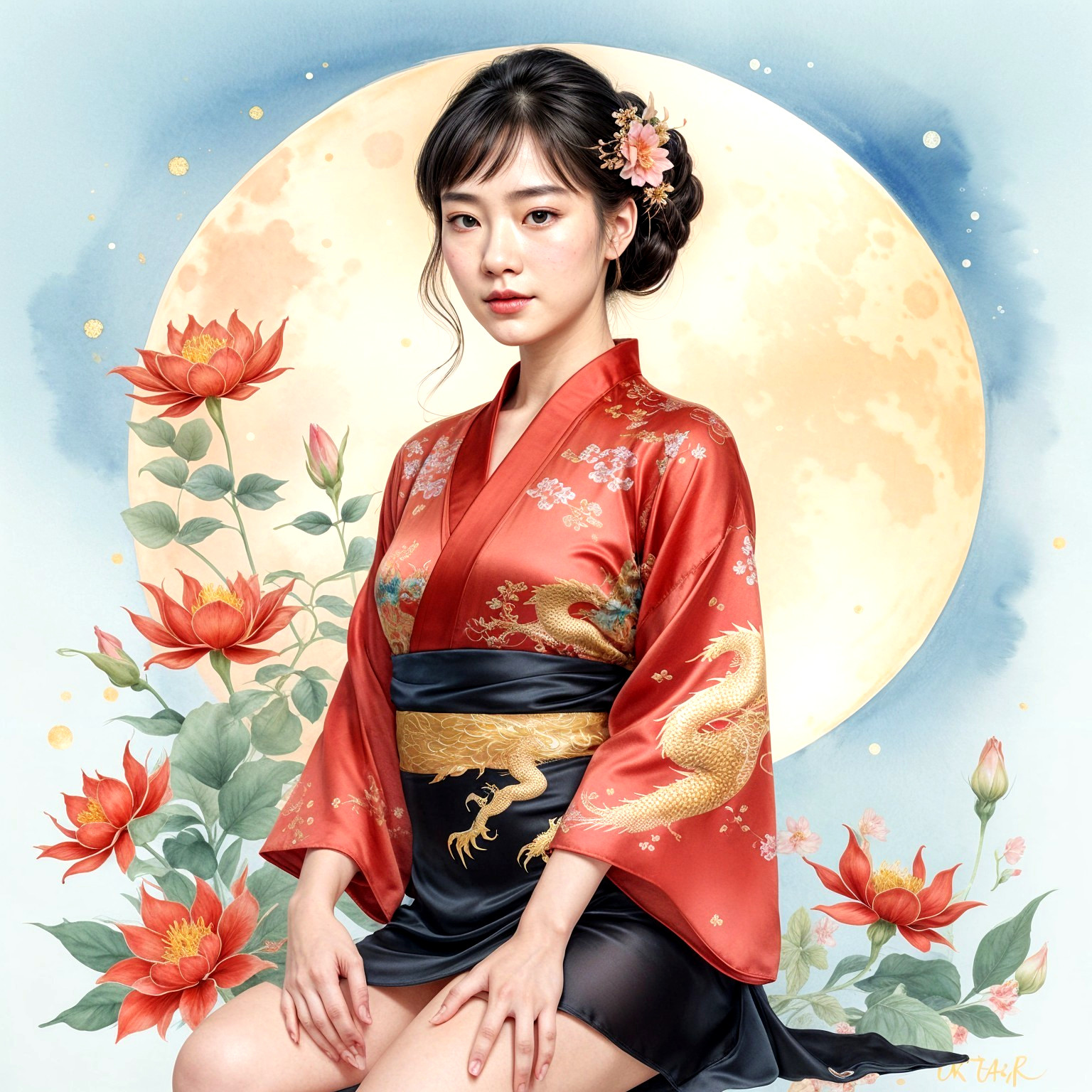Woman in red kimono with dragon patterns by moon