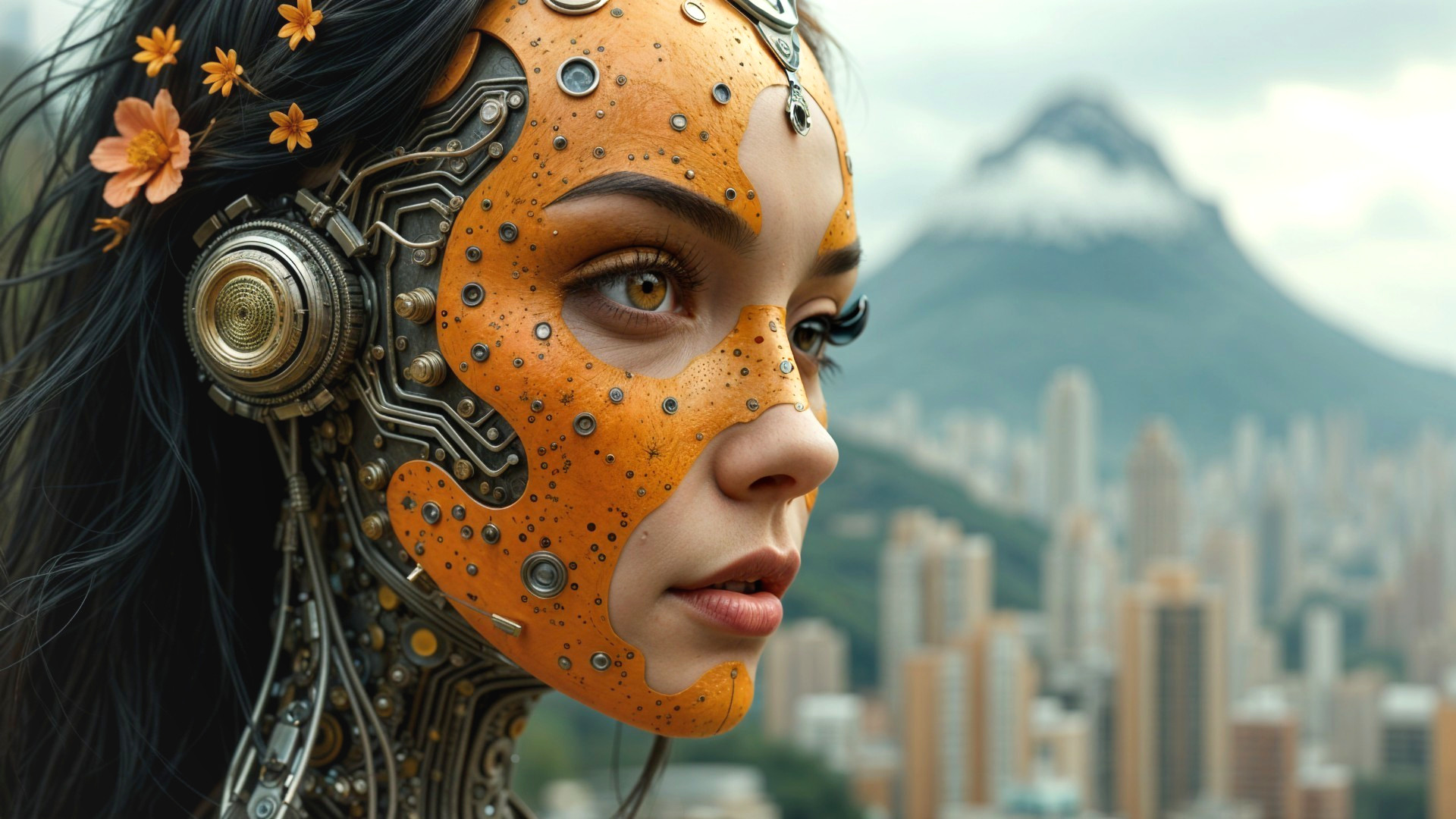 Futuristic humanoid portrait with cityscape backdrop