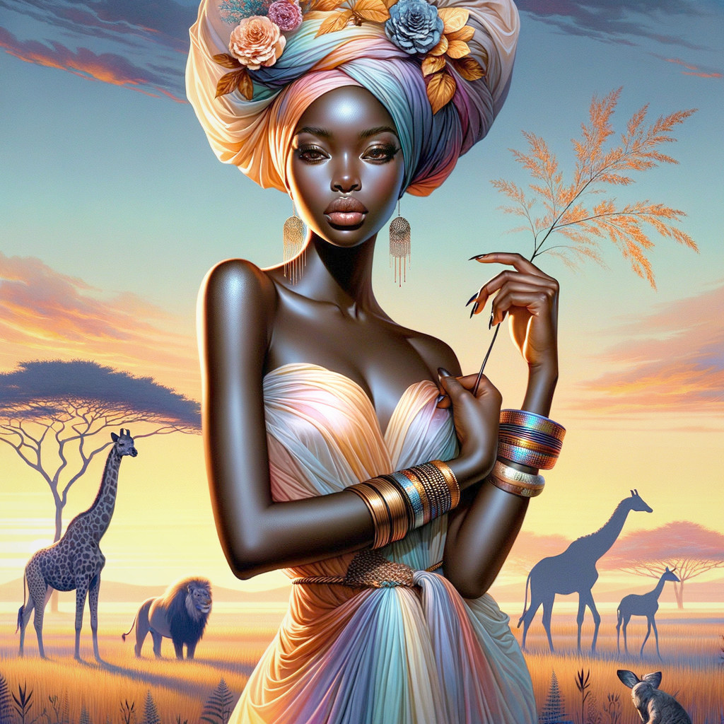 Elegant figure in vibrant attire at sunset with wildlife