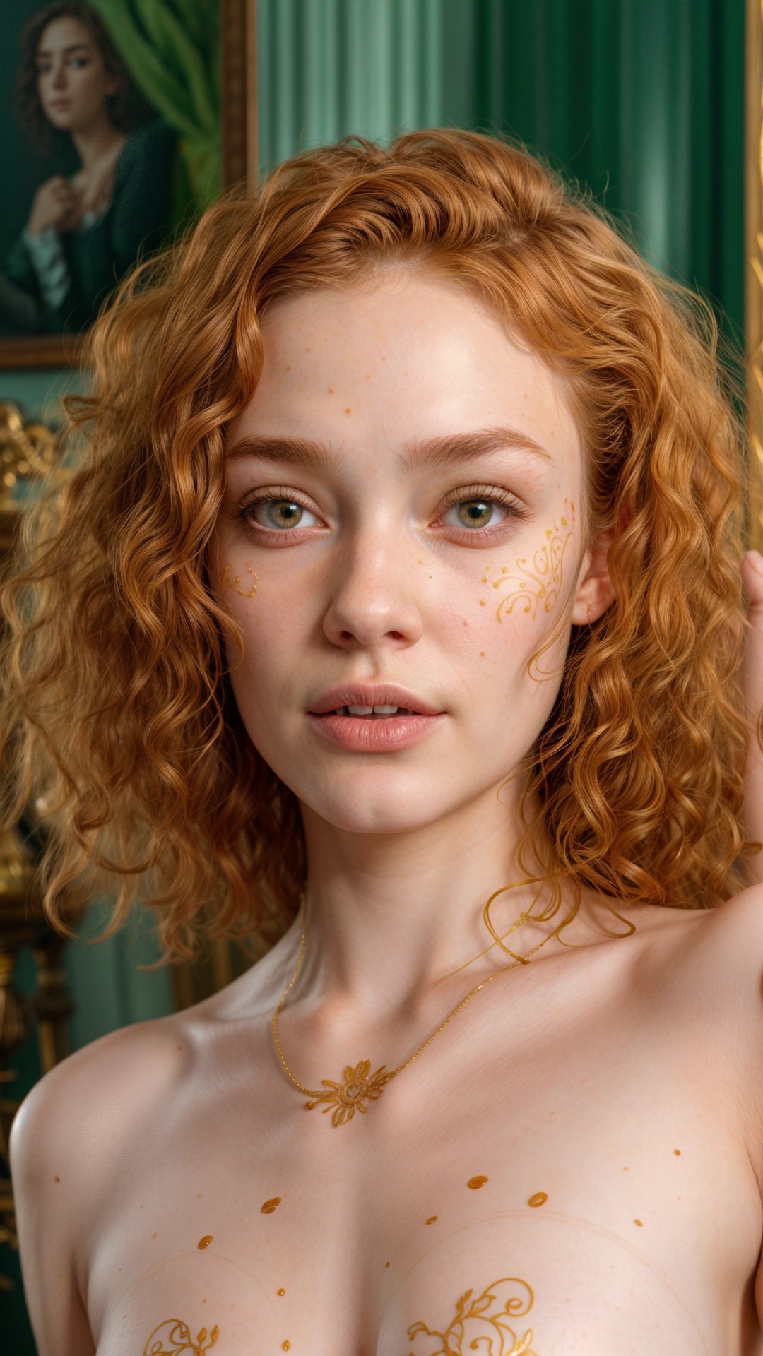 Young woman with red hair and golden artwork in elegant setting