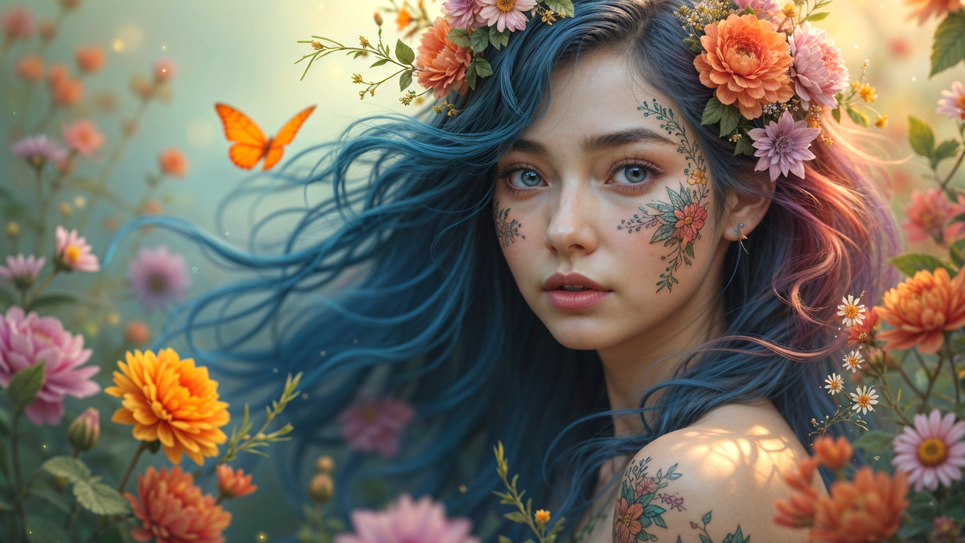 Young woman with blue hair in a colorful garden