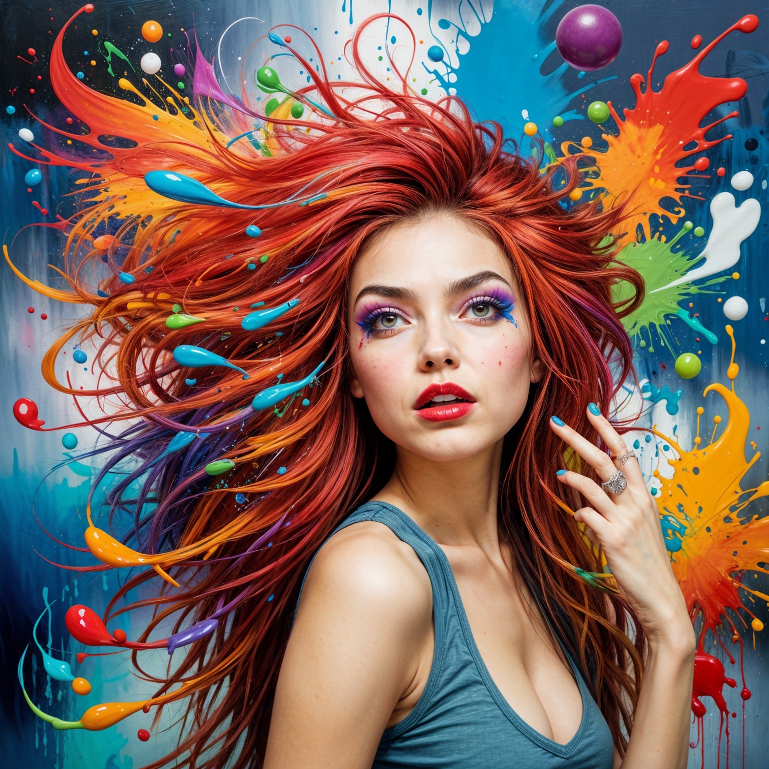 Dramatic Woman with Colorful Hair and Makeup