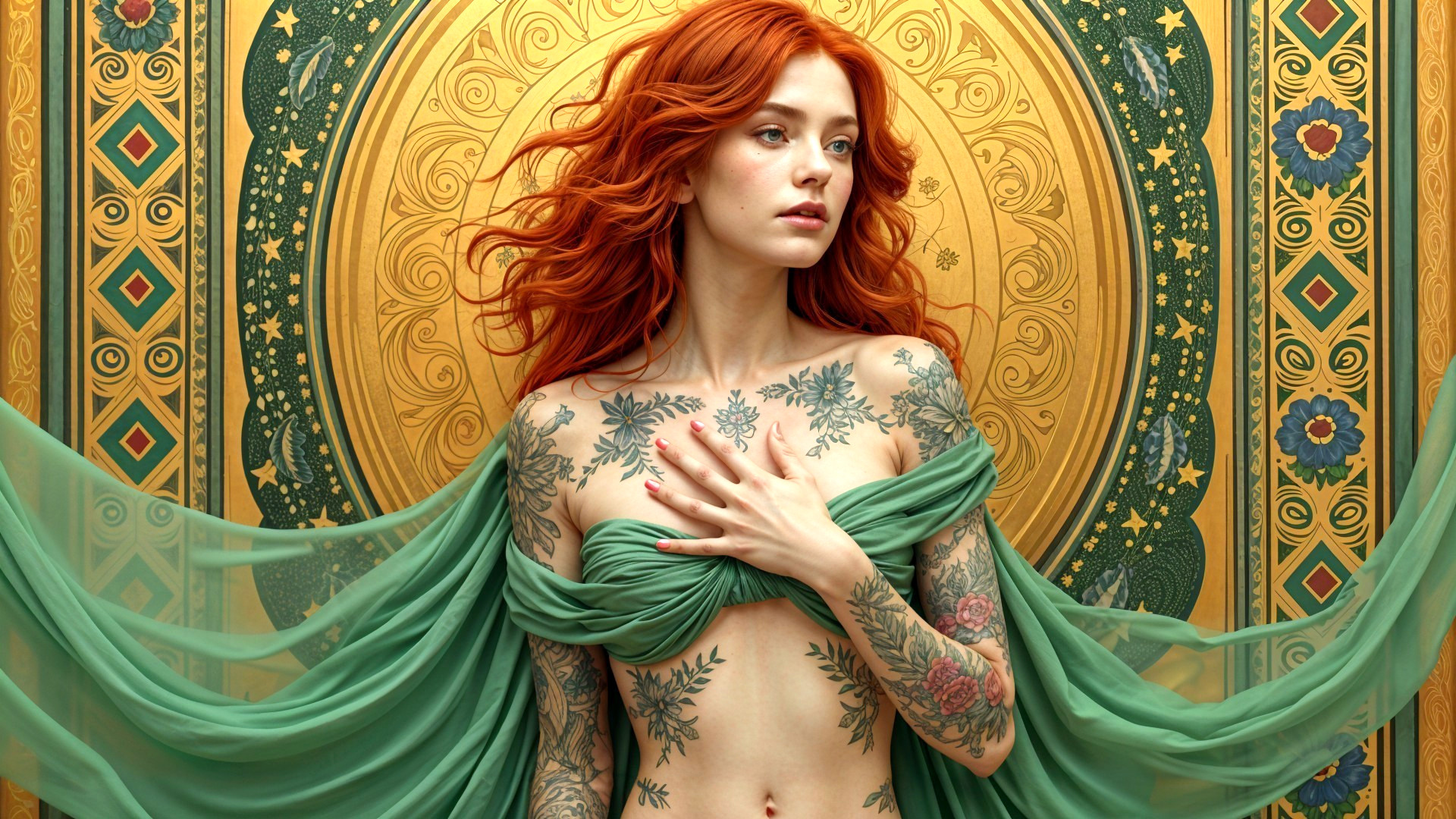 Striking Woman with Red Hair Against Golden Backdrop