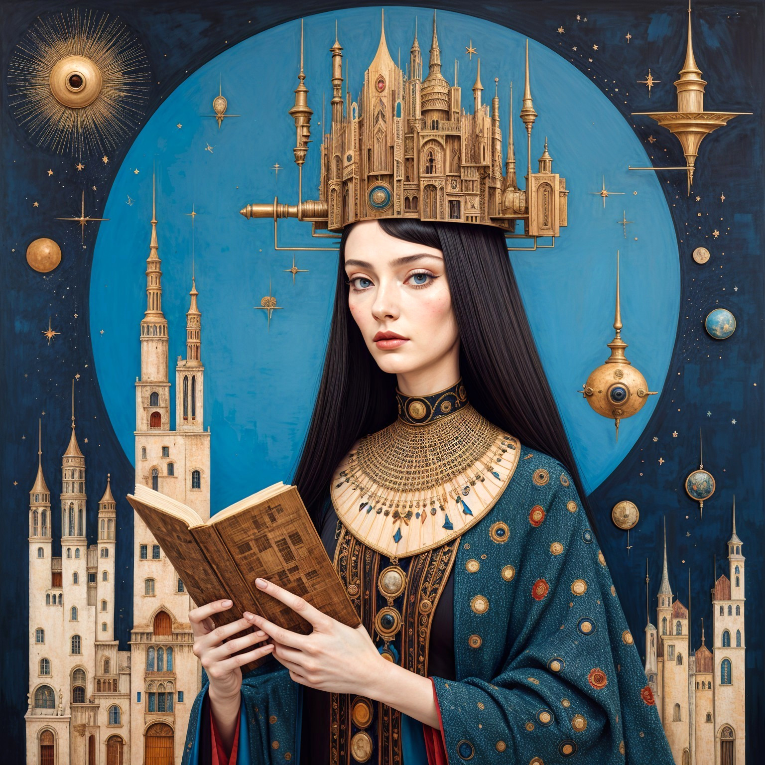 Regal Woman in Blue Robe with Ancient Book and Crown