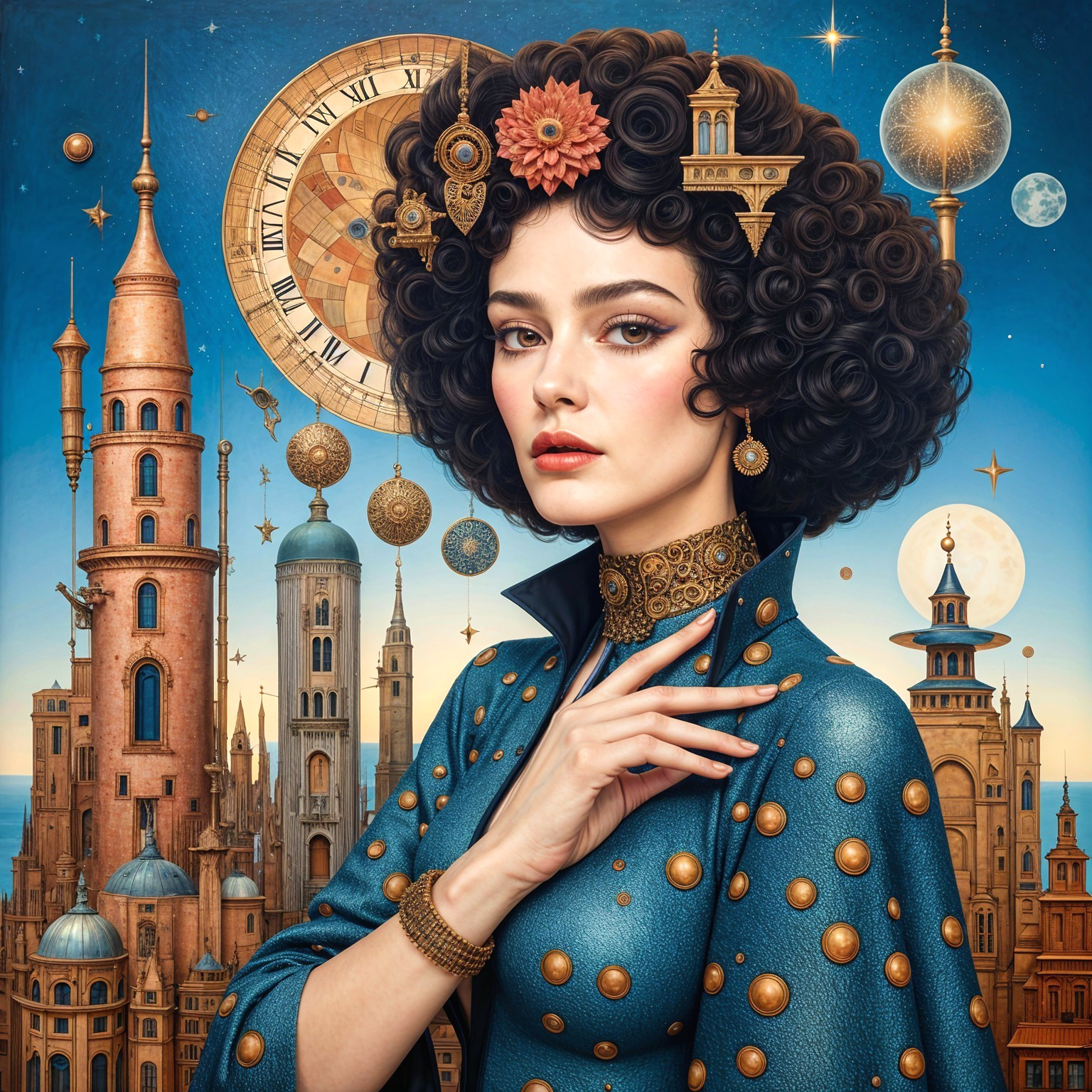 Woman in blue gown with curly hair and fantasy skyline