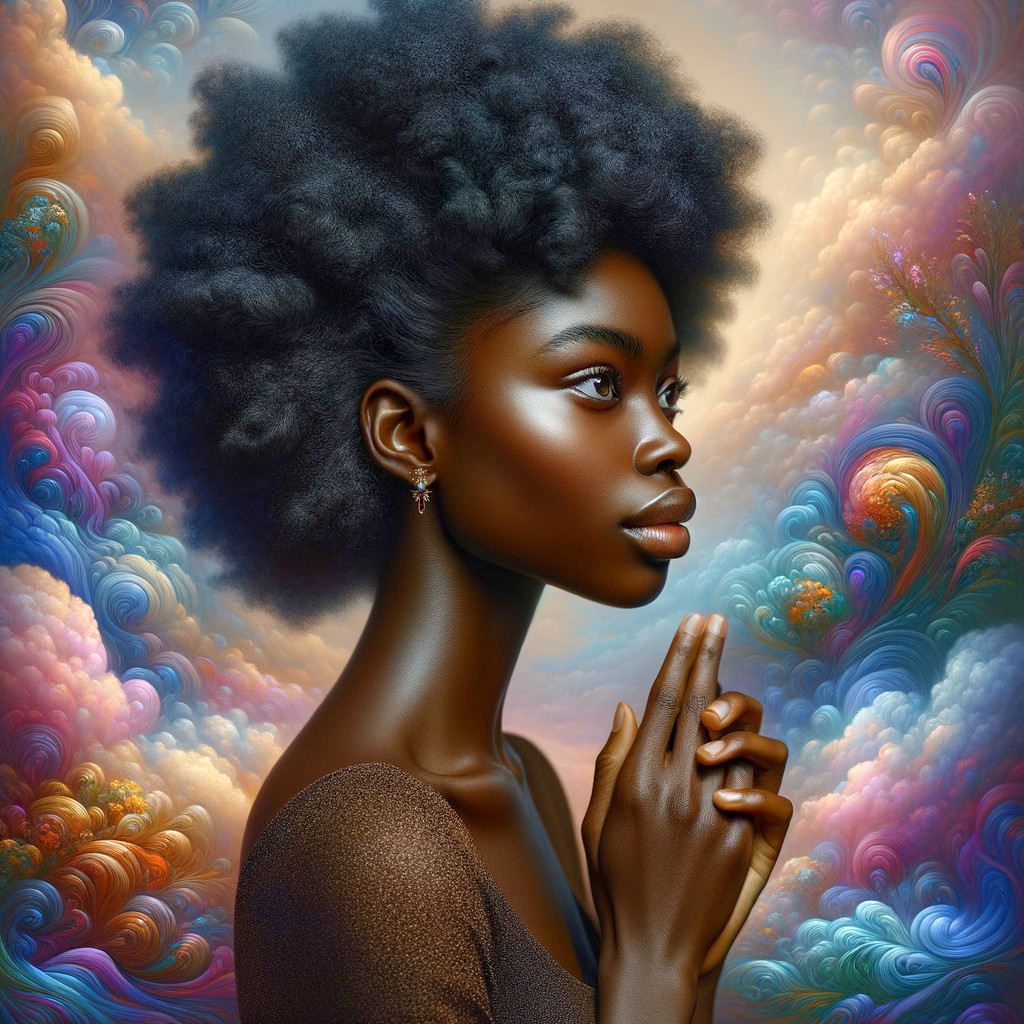 Young woman with afro in cosmic pastel background