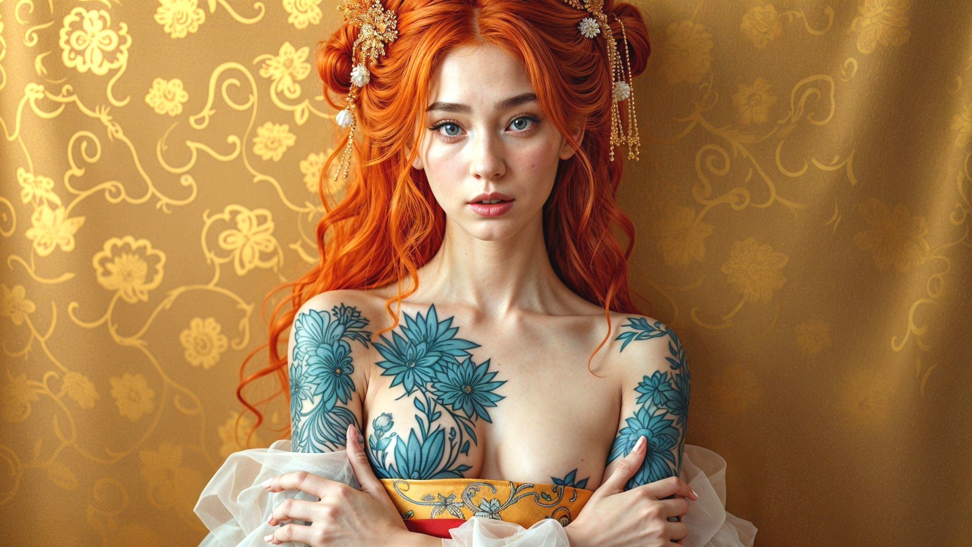 Portrait of a young woman with orange hair and tattoos