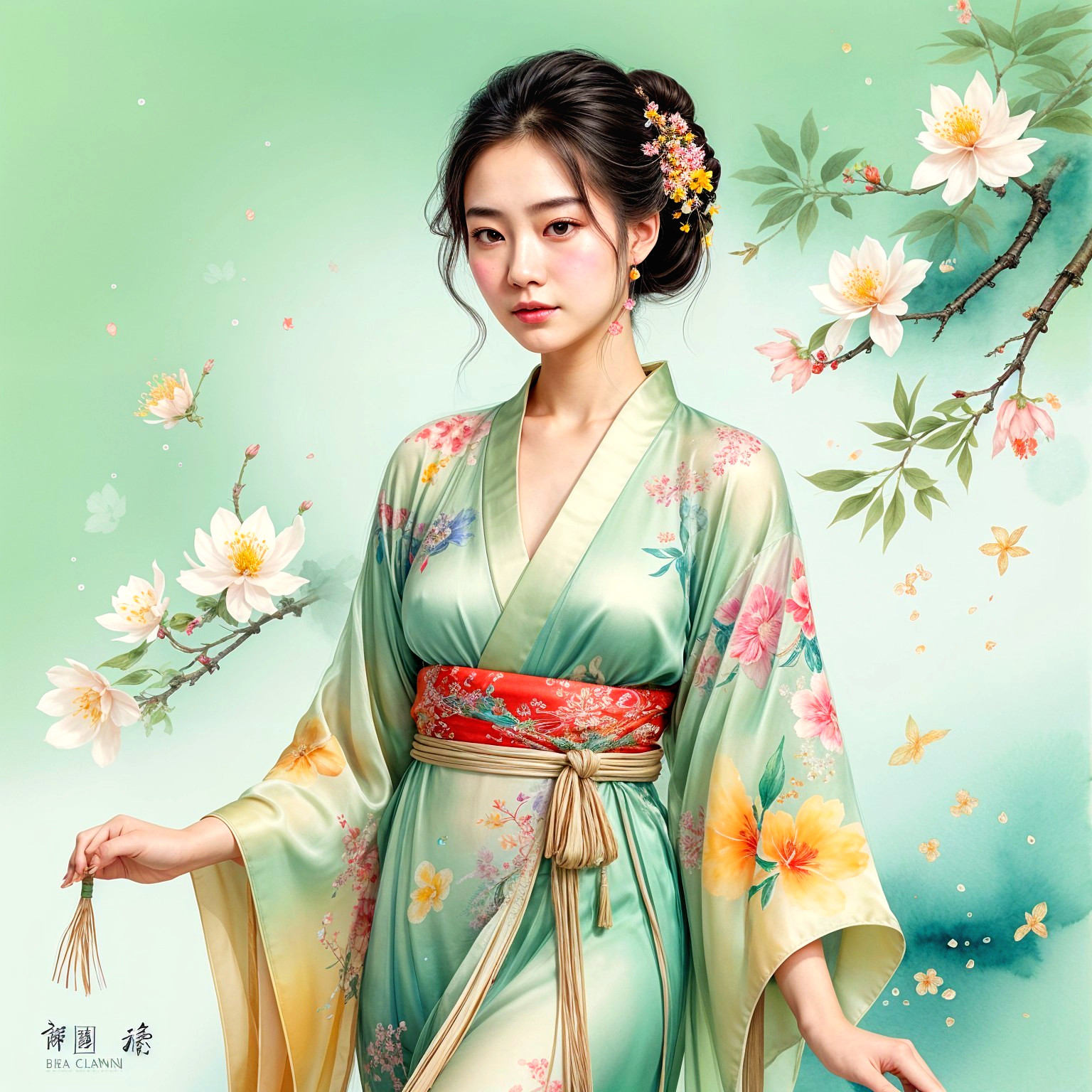 Young Woman in Floral Kimono with Cherry Blossoms