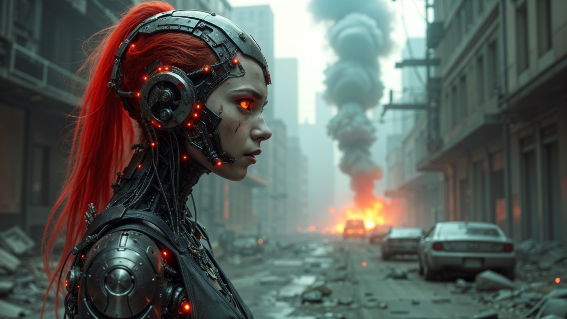 Futuristic Cybernetic Being in a Desolate Cityscape