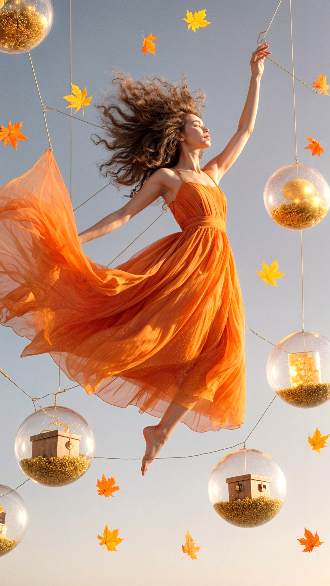 Woman in Orange Dress Dancing Among Golden Orbs