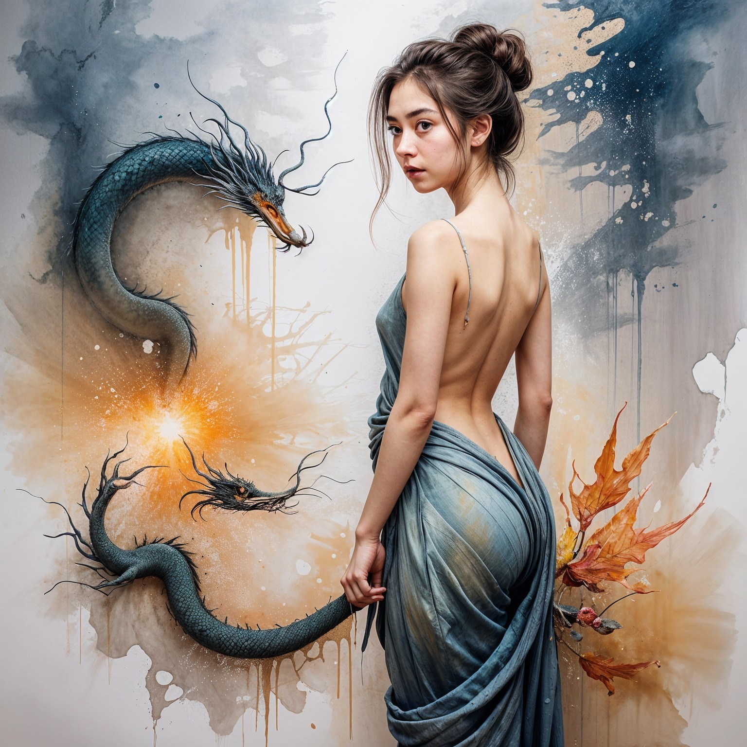 Young Woman in Blue Dress with Vibrant Dragon Background