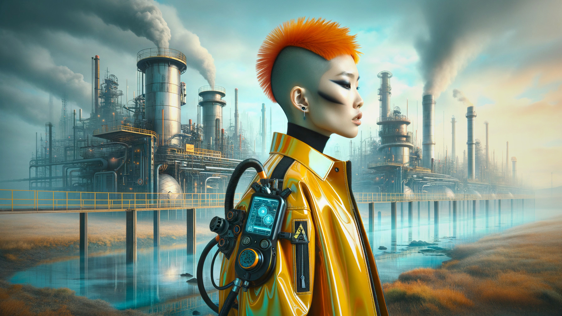 Futuristic Scene with Orange Mohawk and Industrial Backdrop