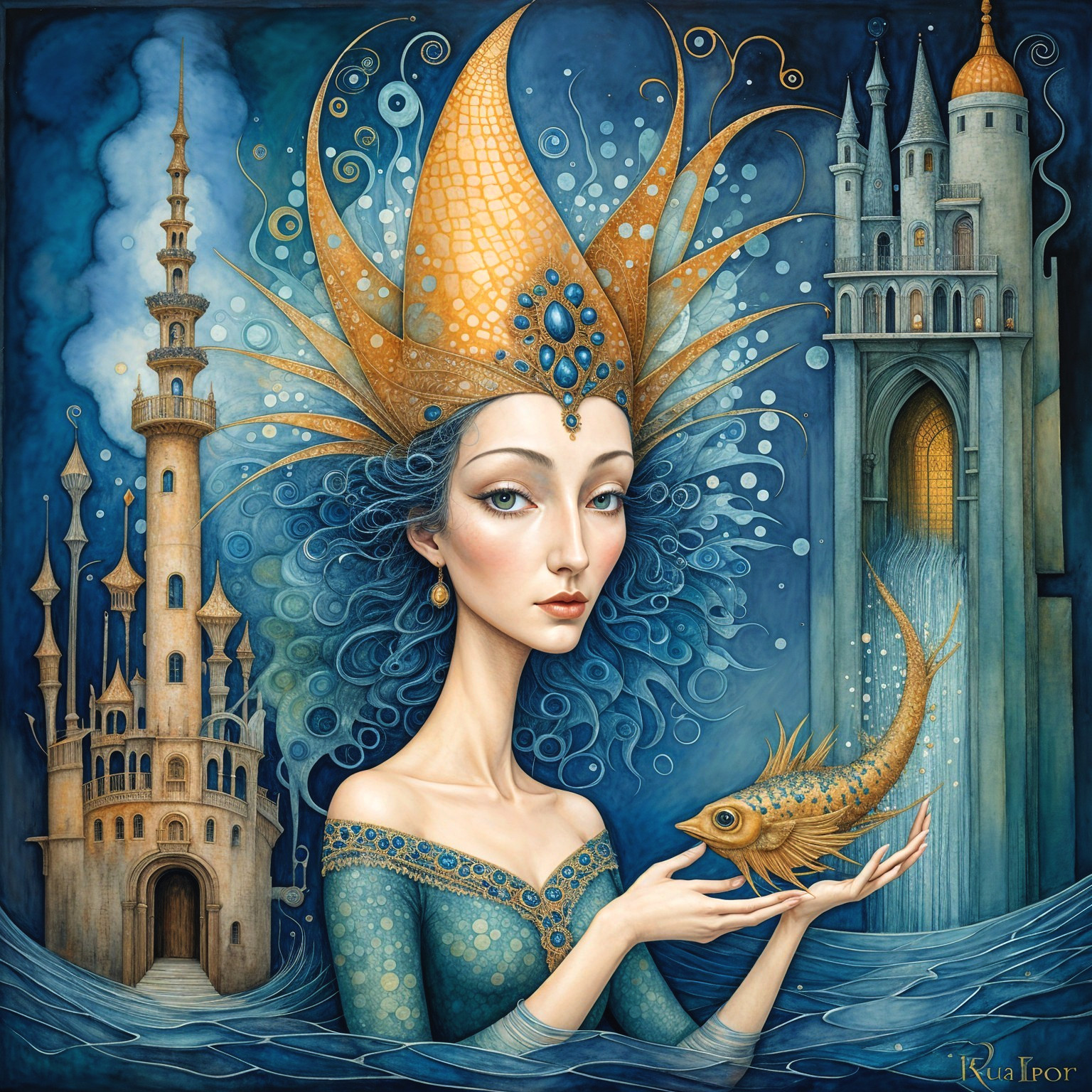 Majestic figure in water with castle and vibrant fish